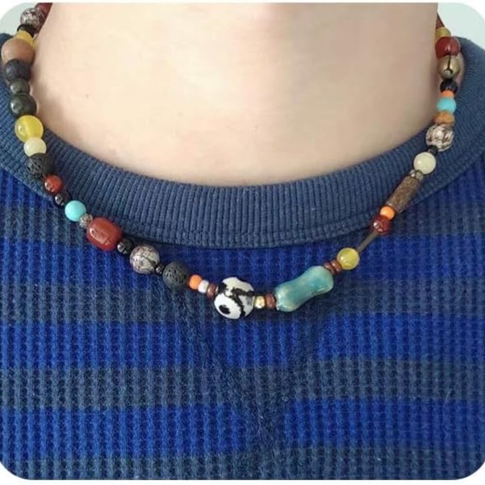 90s Beaded Necklace Color Surfer Crystal Stone Gemstone Wooden Bead Britpop Summ